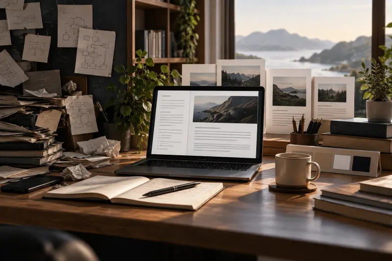Escritorio con una computadora portátil que muestra una publicación, una libreta abierta y bocetos de diseño, frente a una ventana con vista a montañas y al mar.